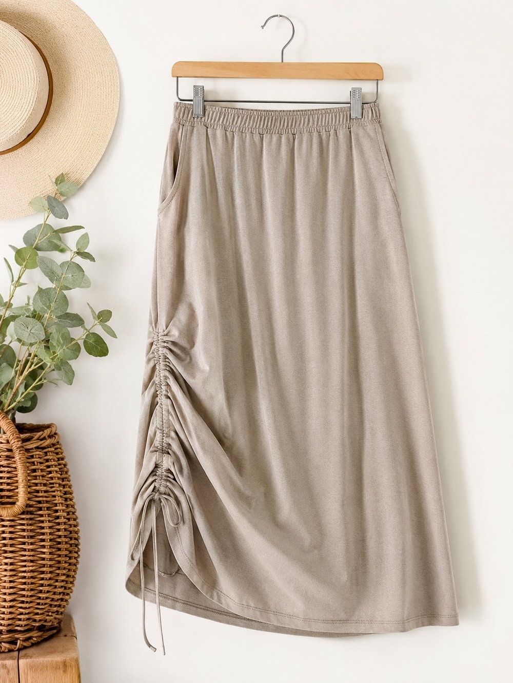 Aleeza Paris Taupe Ruched Side Drawstring Midi Skirt with Pockets Size M